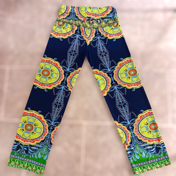 Coachella Pants - Vibrant, Satiny, Boho Print, Wide Leg Pants w/Banded Waist - SM